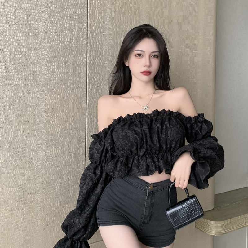 Blouse Women Sexy Trendy Slash Collar Autumn Folds Jacquard Stylish Long Sleeve Female Feminine Party Street Korean Style Crop - Image 6