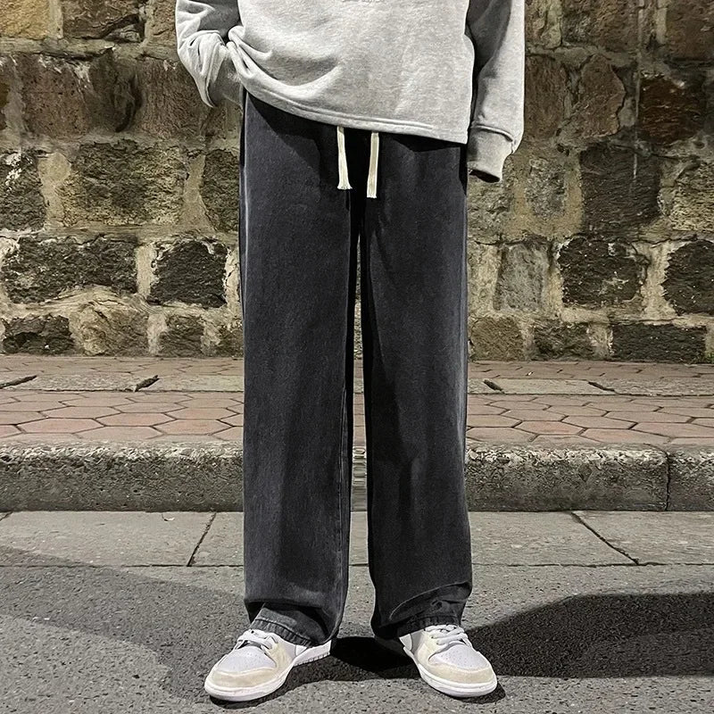Blue Washed Denim Jeans for Men Straight Loose Fit Wide Leg American Style High Street Casual Pants Trendy Simple - Image 4