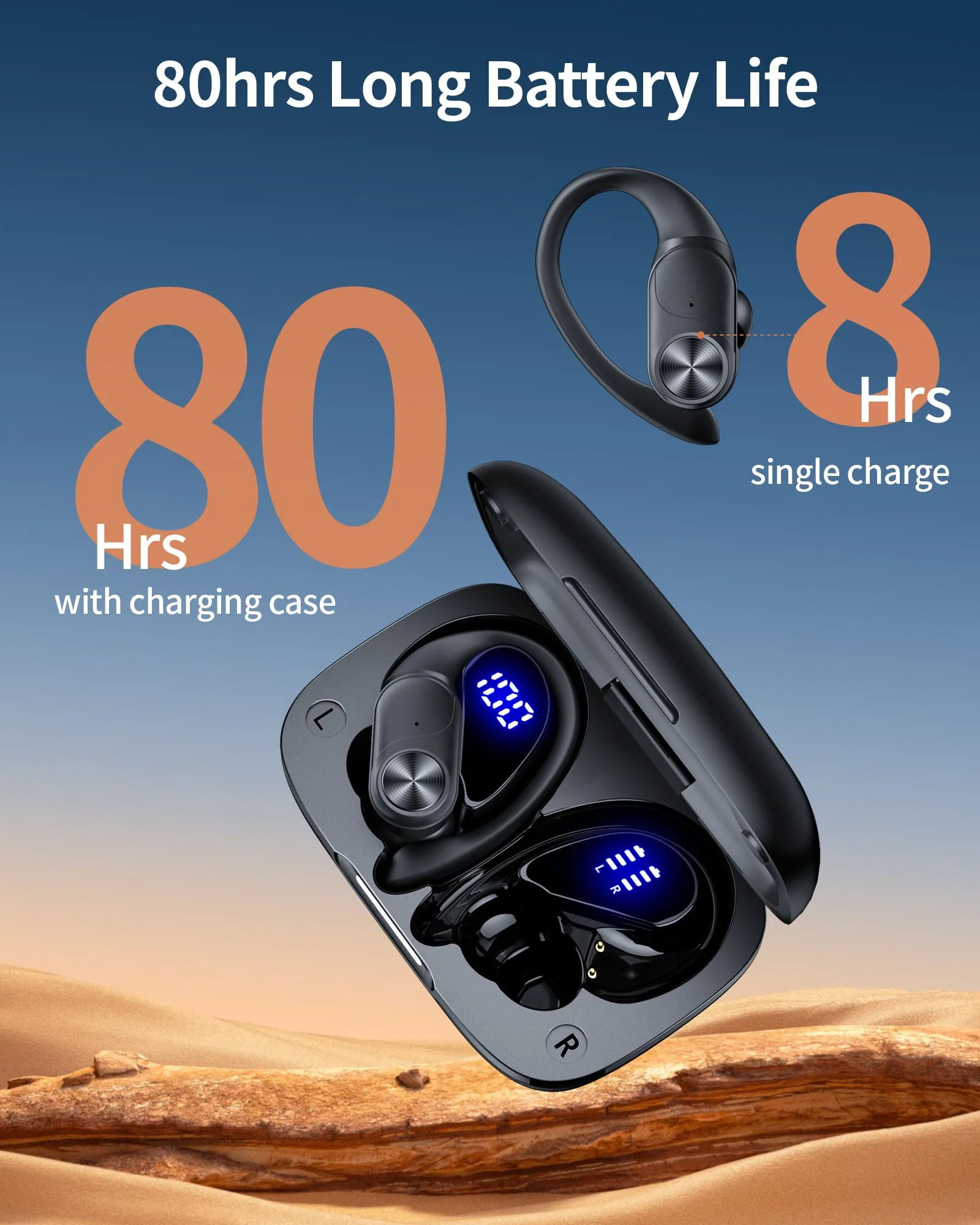 Bluetooth Headphones Wireless Earbuds 80hrs Playtime Wireless Charging Case Digital Display Sports Ear buds with Earhook Premium Deep Bass IPX7 Waterproof Over-Ear Earphones for TV Phone Laptop Black - Image 6