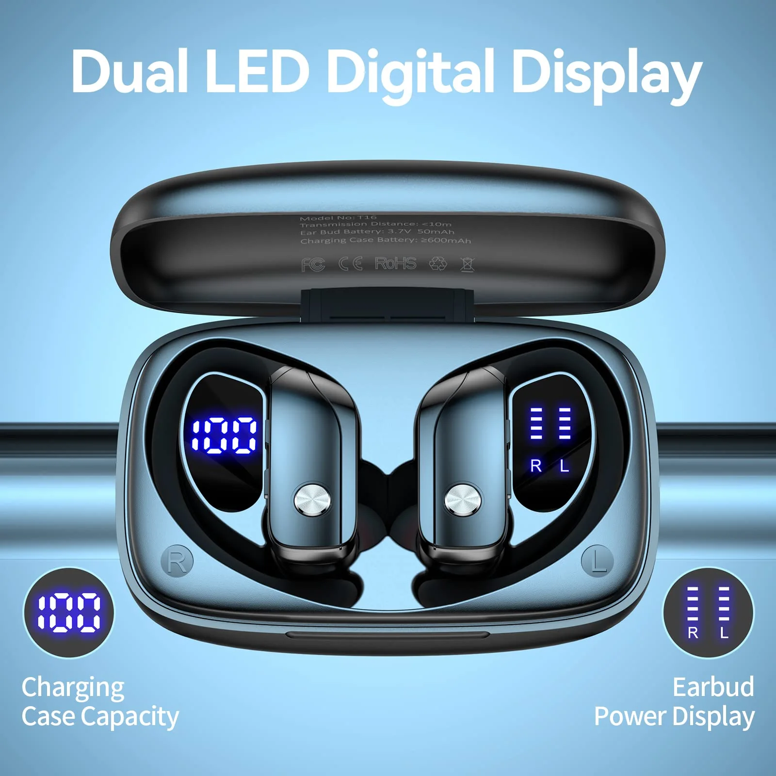 bmani Wireless Earbuds Bluetooth Headphones 48hrs Play Back Sport Earphones with LED Display Over-Ear Buds with Earhooks Built-in Mic Headset for Workout Black - Image 6
