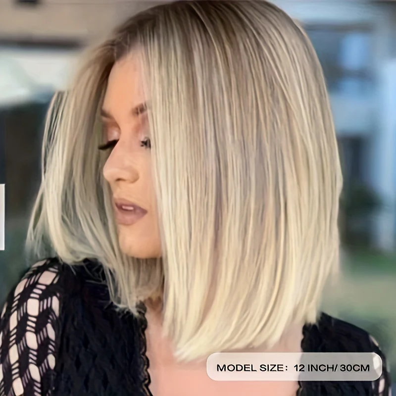 Bob Wig For Women Short Straight Synthetic Hair With Blonde Highlights Middle Part - Image 3