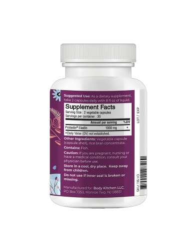 Body Kitchen Pro-Elastin, 1000 mg Elastin Supplement, Help Reduce Signs of Aging, Improved Skin Health, Firmness & Elasticity, Fewer Wrinkles, Veggie Caps, (Pack of 1) - Image 9