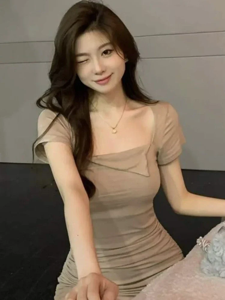 Bodycon Mini Dress Women Shirring Hotsweet Square Collar Simple Streetwear Summer Elegant High Waist Korean Style Female Popular - Image 4