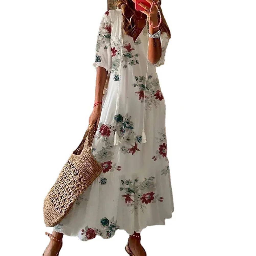 Sexy Bohemian Beach Maxi Dress Woman Summer V Neck Print Boho Elegant Long Beach Sundress