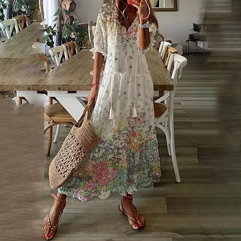 Sexy Bohemian Beach Maxi Dress Woman Summer V Neck Print Boho Elegant Long Beach Sundress - Image 7