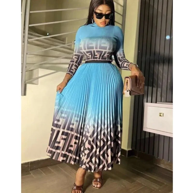 Bohemian Set For Women Gradient Letter Print Long Sleeve Top And Pleated Design Skirt Dress Set Elegant Lady Suit Versatile Sets - Image 2