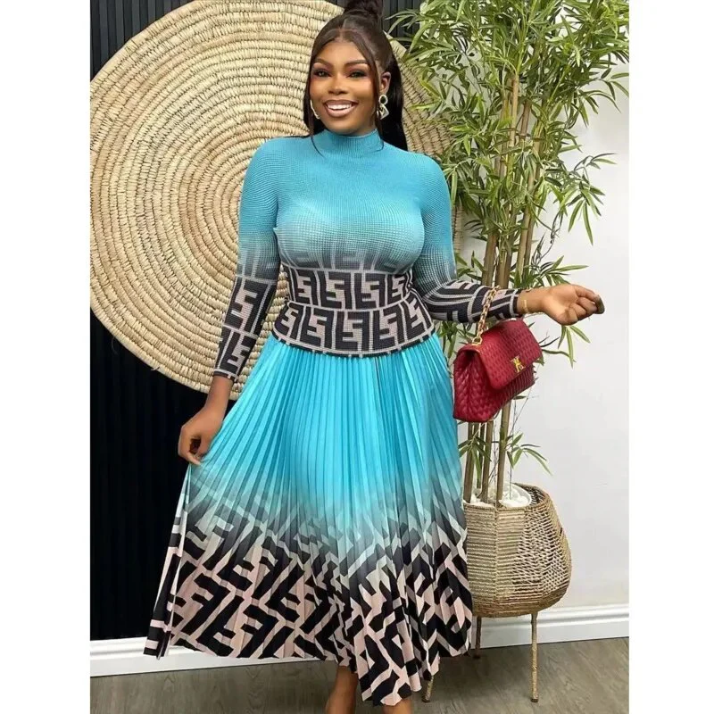 Bohemian Set For Women Gradient Letter Print Long Sleeve Top And Pleated Design Skirt Dress Set Elegant Lady Suit Versatile Sets - Image 3