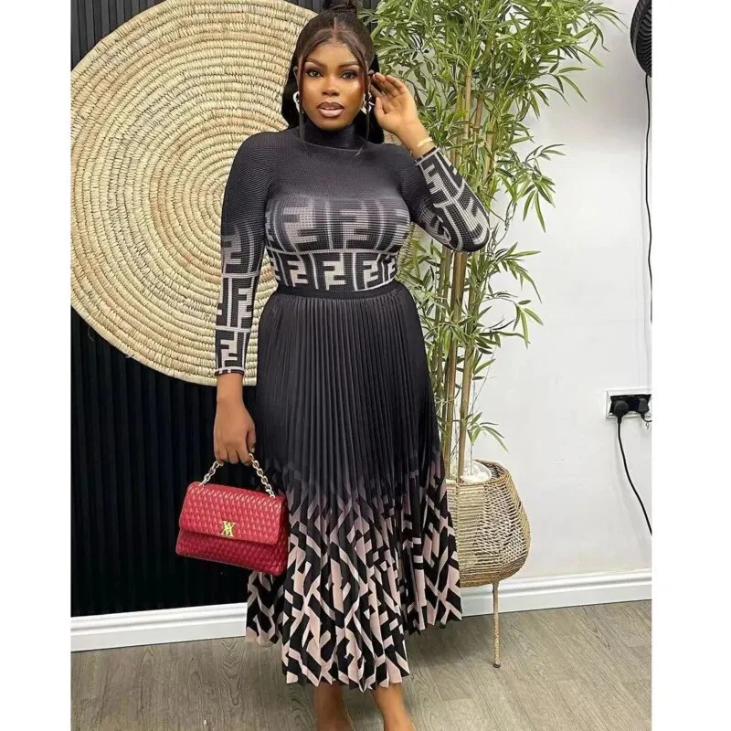 Bohemian Set For Women Gradient Letter Print Long Sleeve Top And Pleated Design Skirt Dress Set Elegant Lady Suit Versatile Sets - Image 4