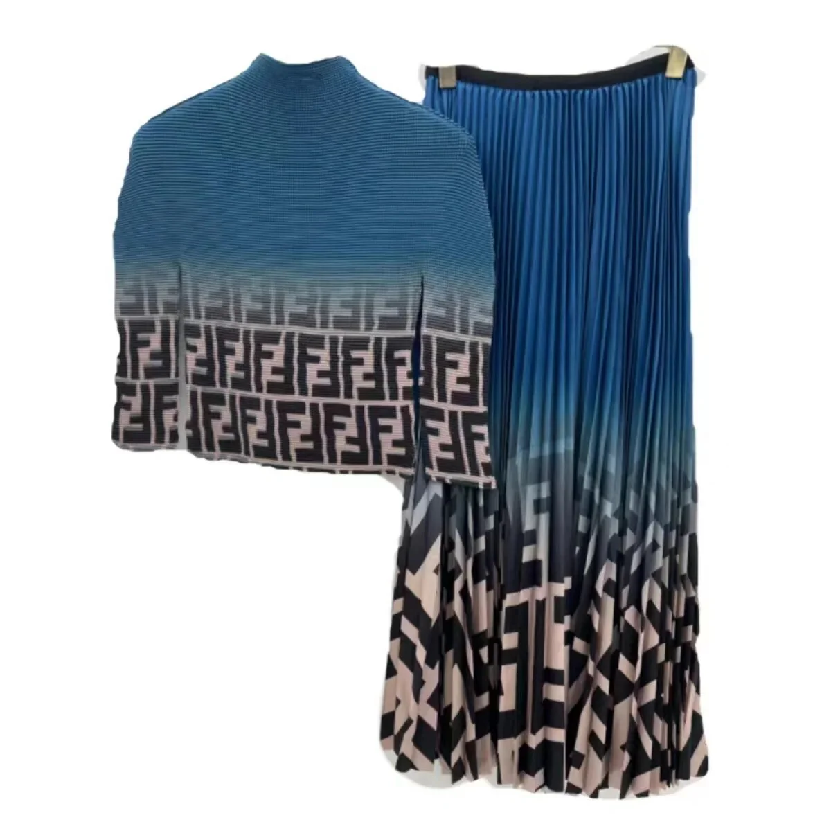 Bohemian Set For Women Gradient Letter Print Long Sleeve Top And Pleated Design Skirt Dress Set Elegant Lady Suit Versatile Sets - Image 8