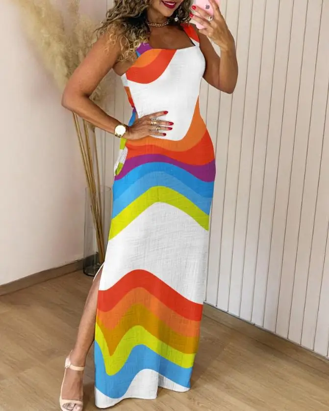 Boho Womens Summer Dress Retro Print Casual Slim Slit Square Neck Sleeveless Strappy Elegant  Tank Dresses For Women Robe - Image 11