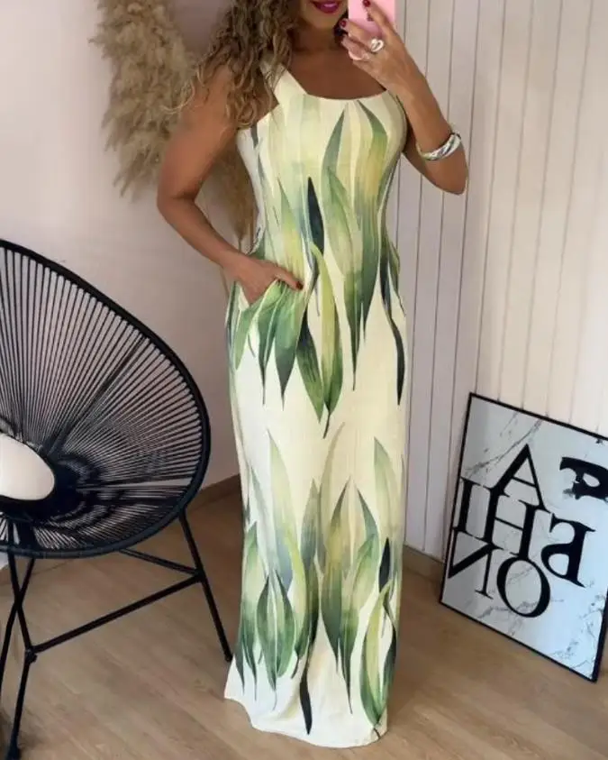 Boho Womens Summer Dress Retro Print Casual Slim Slit Square Neck Sleeveless Strappy Elegant  Tank Dresses For Women Robe - Image 12
