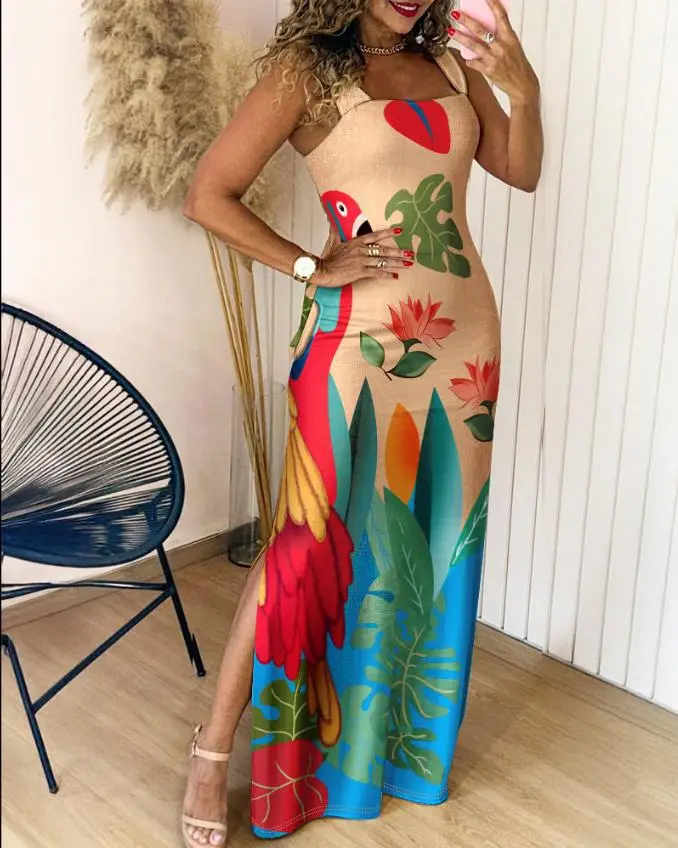 Boho Womens Summer Dress Retro Print Casual Slim Slit Square Neck Sleeveless Strappy Elegant  Tank Dresses For Women Robe - Image 13