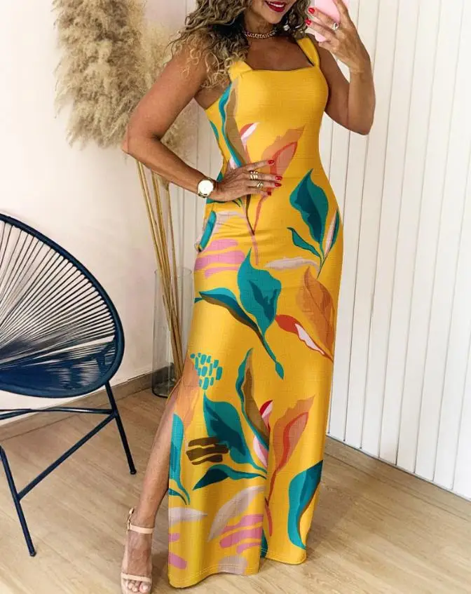 Boho Womens Summer Dress Retro Print Casual Slim Slit Square Neck Sleeveless Strappy Elegant  Tank Dresses For Women Robe - Image 14