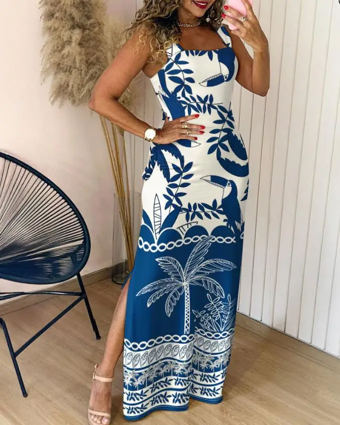 Boho Womens Summer Dress Retro Print Casual Slim Slit Square Neck Sleeveless Strappy Elegant  Tank Dresses For Women Robe - Image 15
