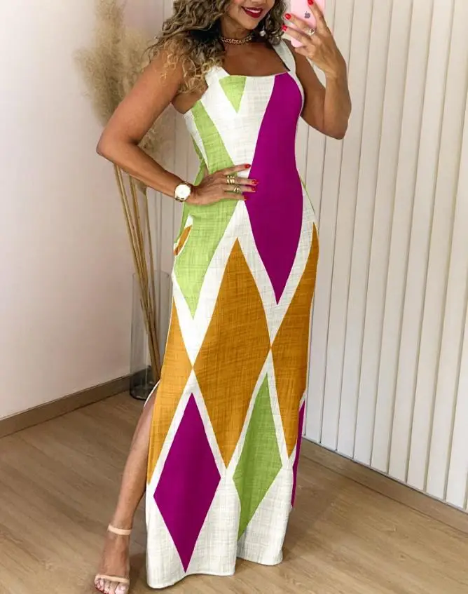 Boho Womens Summer Dress Retro Print Casual Slim Slit Square Neck Sleeveless Strappy Elegant  Tank Dresses For Women Robe - Image 16