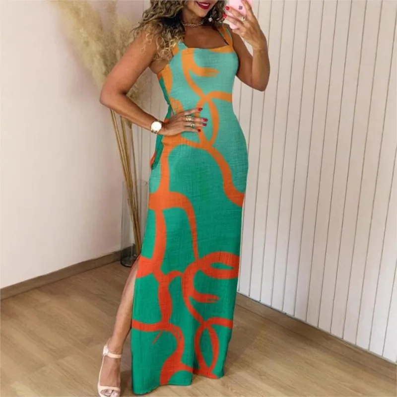 Boho Womens Summer Dress Retro Print Casual Slim Slit Square Neck Sleeveless Strappy Elegant  Tank Dresses For Women Robe - Image 2