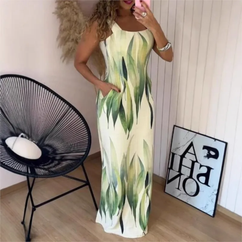 Boho Womens Summer Dress Retro Print Casual Slim Slit Square Neck Sleeveless Strappy Elegant  Tank Dresses For Women Robe - Image 3
