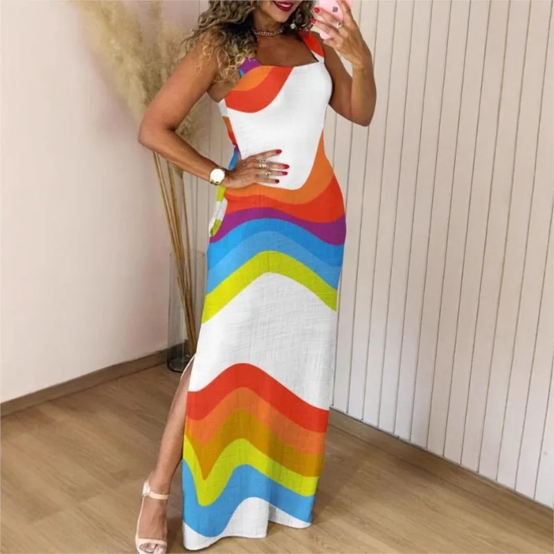 Boho Womens Summer Dress Retro Print Casual Slim Slit Square Neck Sleeveless Strappy Elegant  Tank Dresses For Women Robe - Image 4