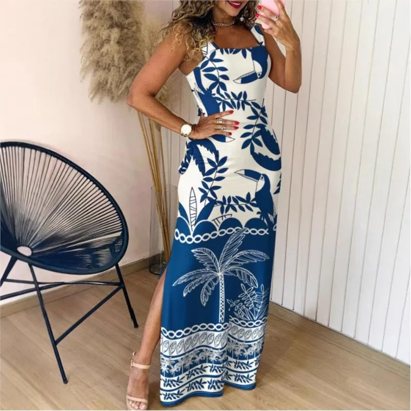 Boho Womens Summer Dress Retro Print Casual Slim Slit Square Neck Sleeveless Strappy Elegant  Tank Dresses For Women Robe - Image 5