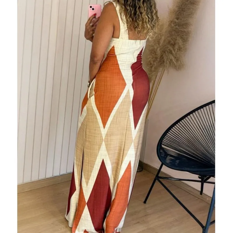 Boho Womens Summer Dress Retro Print Casual Slim Slit Square Neck Sleeveless Strappy Elegant  Tank Dresses For Women Robe - Image 6