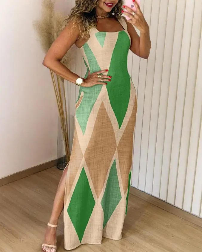 Boho Womens Summer Dress Retro Print Casual Slim Slit Square Neck Sleeveless Strappy Elegant  Tank Dresses For Women Robe - Image 7