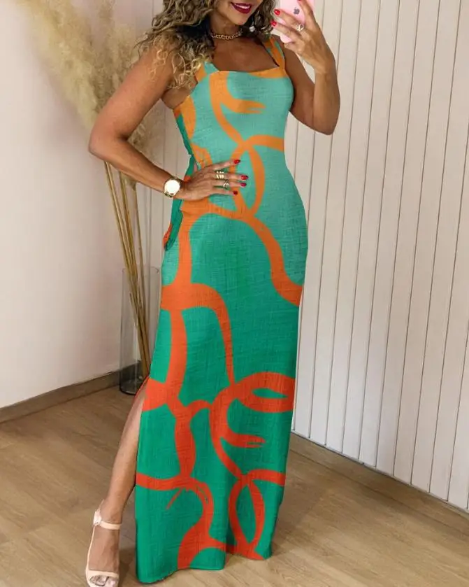 Boho Womens Summer Dress Retro Print Casual Slim Slit Square Neck Sleeveless Strappy Elegant  Tank Dresses For Women Robe - Image 8