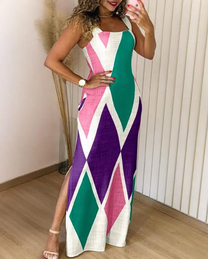Boho Womens Summer Dress Retro Print Casual Slim Slit Square Neck Sleeveless Strappy Elegant  Tank Dresses For Women Robe - Image 9