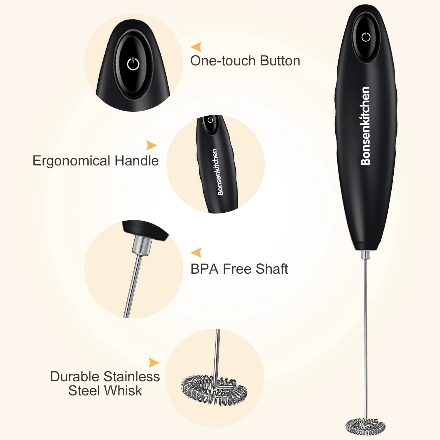 Bonsenkitchen Milk Frother Handheld, Automatic Milk Foam Maker Hand Frother for Coffee, Matcha, Hot Chocolate, Battery Operated Mini Drink Mixer-Black - Image 5