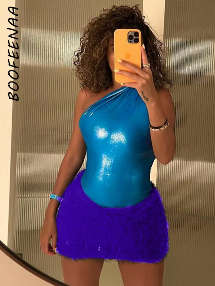 One Shoulder Backless Mini Dress Sexy Club Outfits for Women Two Piece Bodysuit Top and Fuzzy Skirt Sets C70-CI19 - Image 8