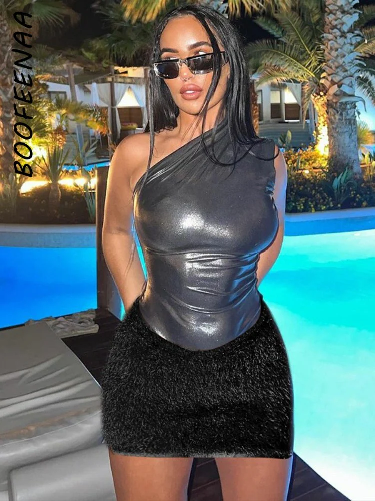One Shoulder Backless Mini Dress Sexy Club Outfits for Women Two Piece Bodysuit Top and Fuzzy Skirt Sets C70-CI19 - Image 9