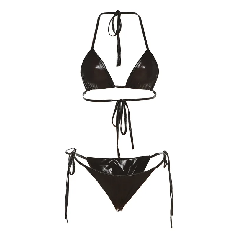 BOOFEENAA Sexy Metallic 2 Piece Bikini Sets Halter Tie Swimsuit Woman 2023 Summer Outfit Beach Wear New In Matching Sets C96AI10