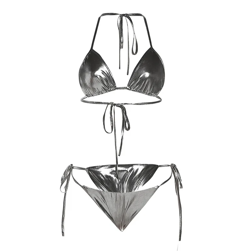 BOOFEENAA Sexy Metallic 2 Piece Bikini Sets Halter Tie Swimsuit Woman 2023 Summer Outfit Beach Wear New In Matching Sets C96AI10 - Image 2