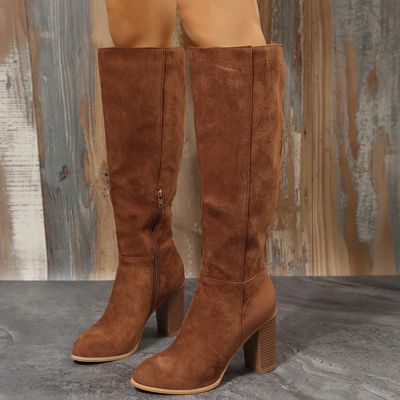 Boots Women Cowboy Heels Western Chunky Shoes Leather Knee High Long Elegant Designer Plus Size New Rock Pole Dance Brown - Image 5