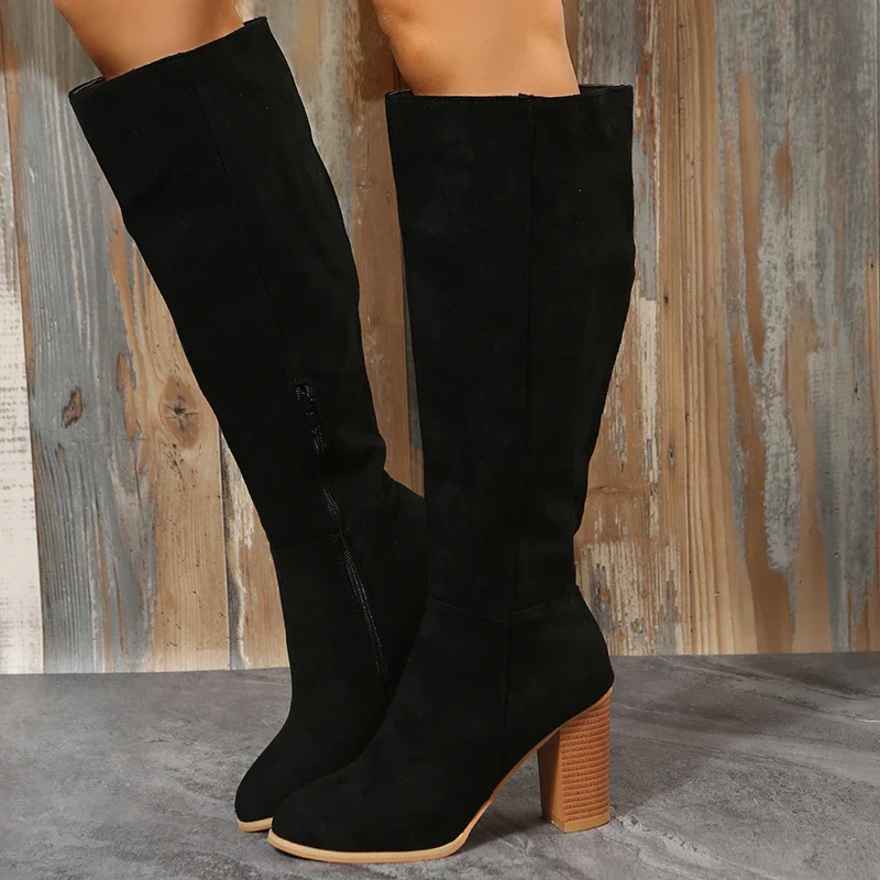 Boots Women Cowboy Heels Western Chunky Shoes Leather Knee High Long Elegant Designer Plus Size New Rock Pole Dance Brown - Image 7