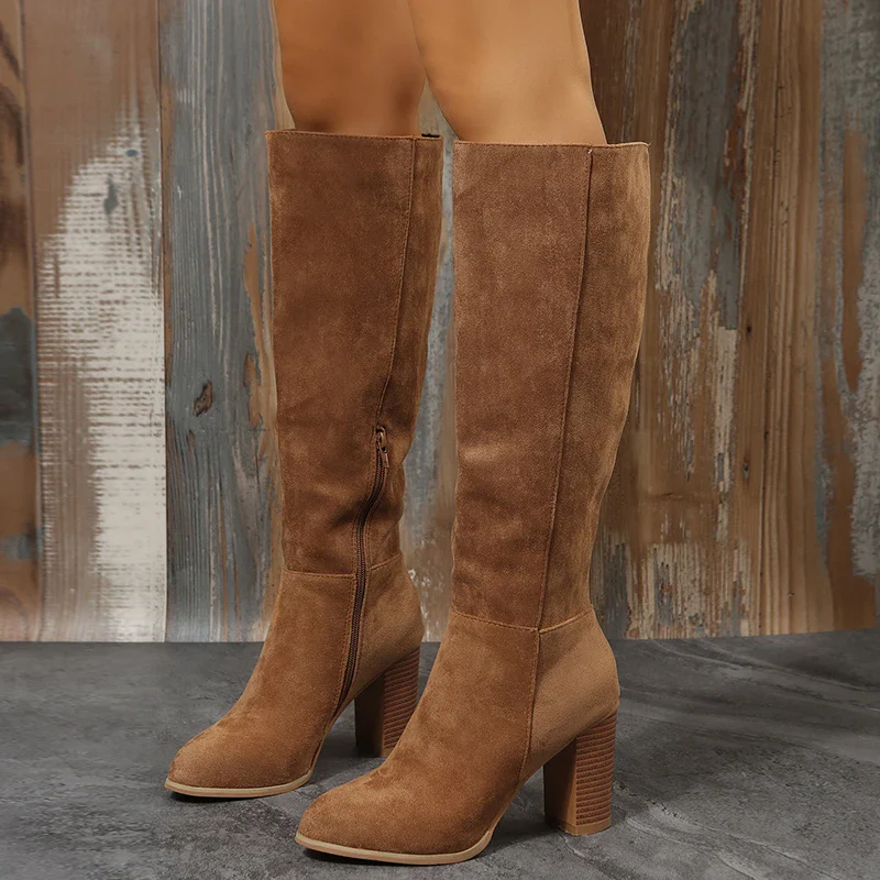 Boots Women Cowboy Heels Western Chunky Shoes Leather Knee High Long Elegant Designer Plus Size New Rock Pole Dance Brown - Image 9