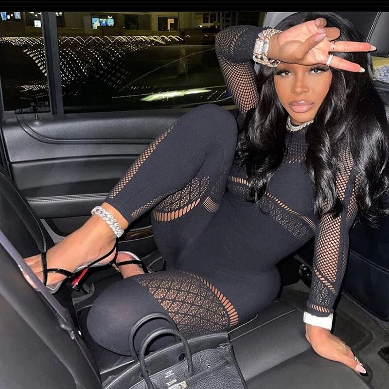 BoozRey Sexy Mesh Perspective Hollow High Waisted Trousers Long Tight Jumpsuit Women Skinny Long Sleeve Black Outfits Overalls - Image 5