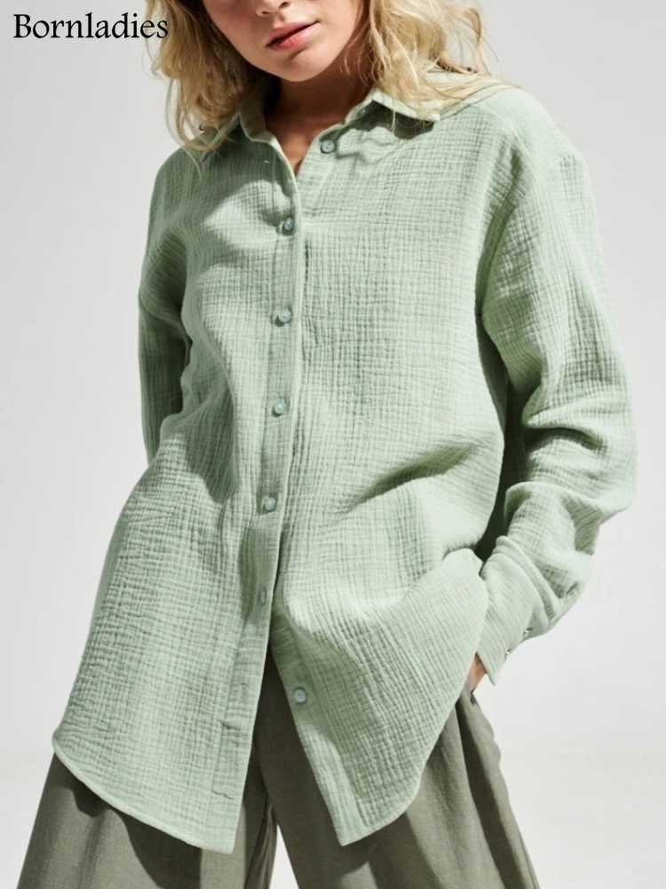 Bornladies 2023 Women's Spring Summer 100% Cotton Shirts Office Lady  Fashionable Solid Lady Long Sleeve Loose Tops Crepe Shirts - Image 3