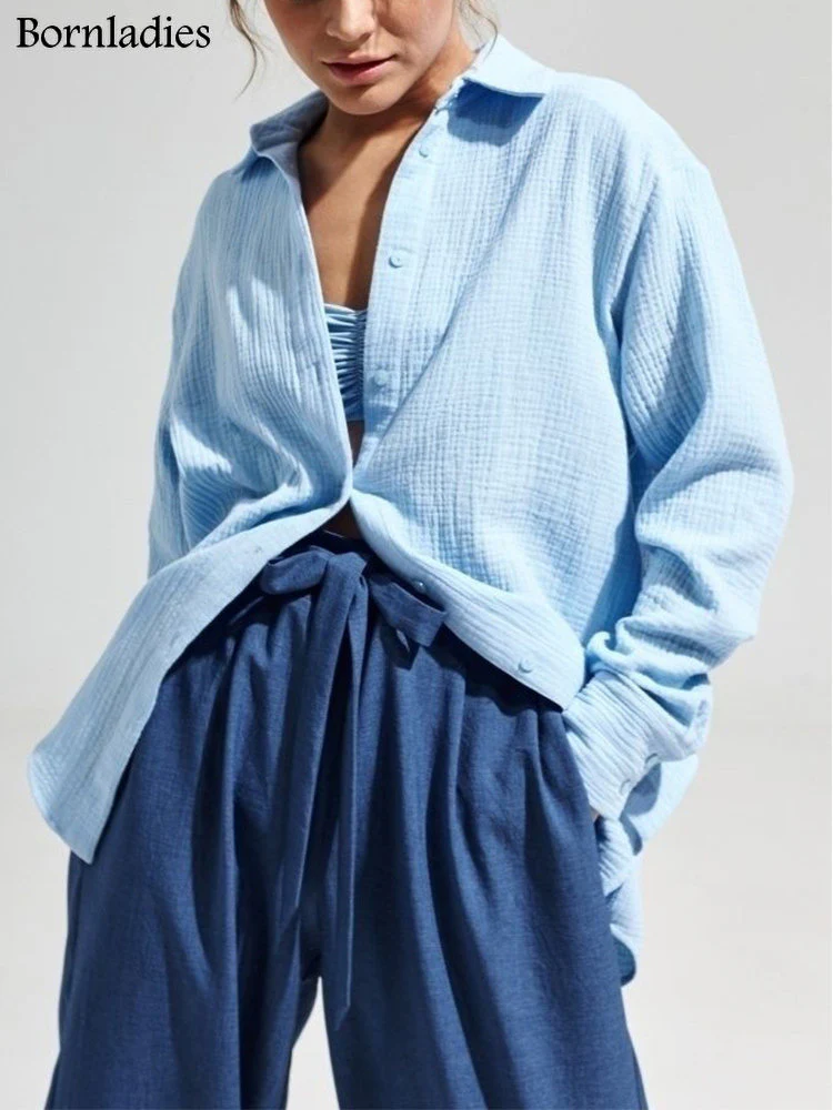 Bornladies 2023 Women's Spring Summer 100% Cotton Shirts Office Lady  Fashionable Solid Lady Long Sleeve Loose Tops Crepe Shirts - Image 7