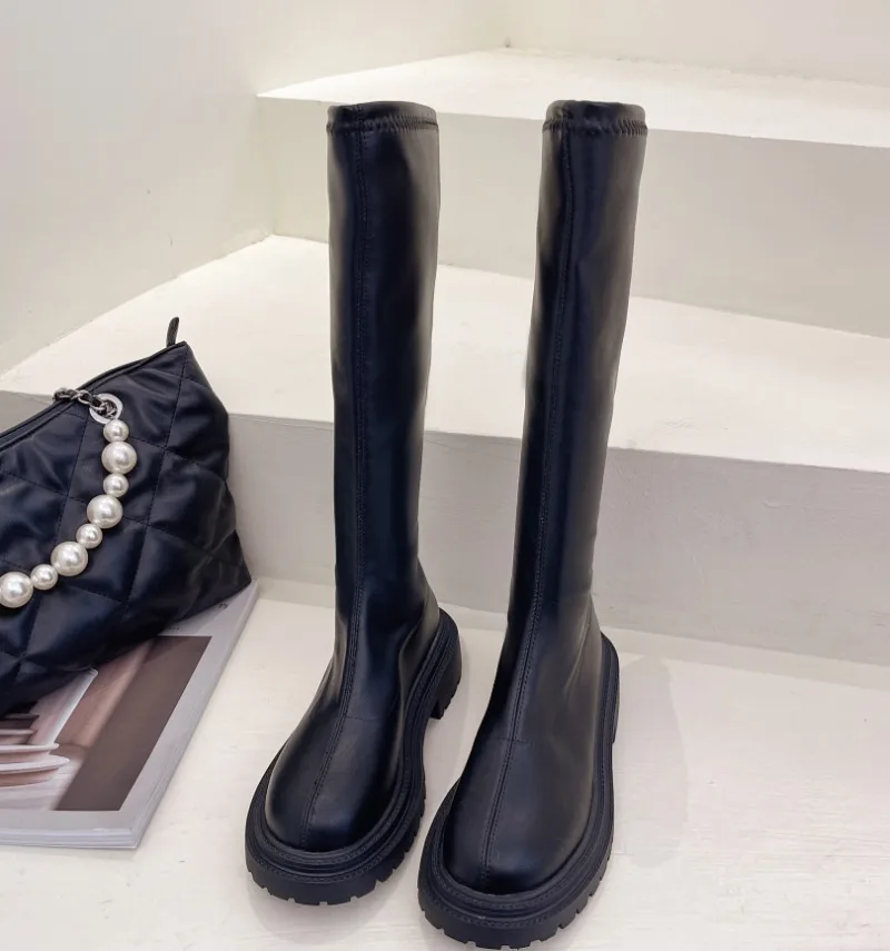 Botas largas con forro polar para mujer, zapatos de Caballero de otoño e invierno, nuevas, finas, europeas y americanas, Sizes42 - Image 4