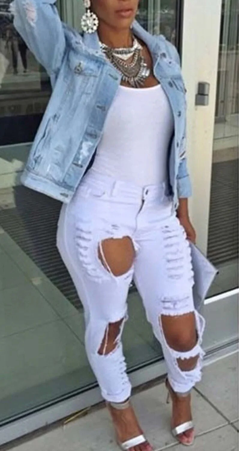 Boyfriend Wind Autumn Winter Women Hole Denim Jacket 2021 Vintage Harajuku Female Jeans Coat Slim Chaquetas Mujer - Image 3