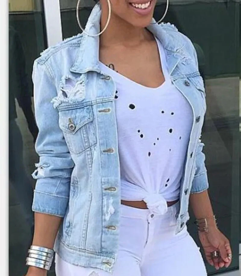 Boyfriend Wind Autumn Winter Women Hole Denim Jacket 2021 Vintage Harajuku Female Jeans Coat Slim Chaquetas Mujer - Image 4