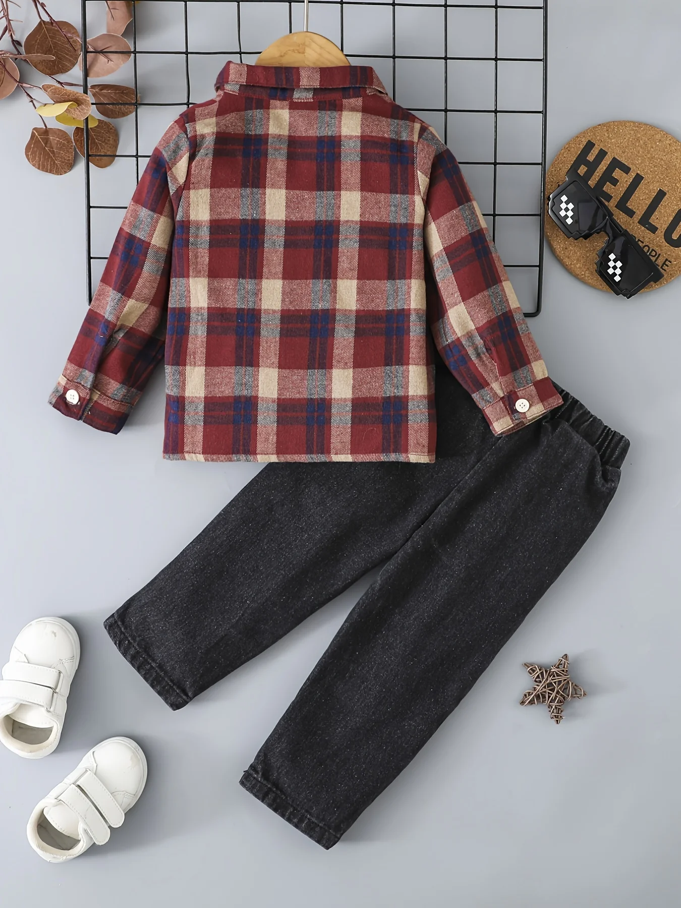 Boy's Casual Plaid Button-Up Shirt & Ripped Imitation Denim Pants Set - Cozy Polyester, Non-Transparent, Perfect for Fall/Winter, Perfect for Outdoor - Image 3