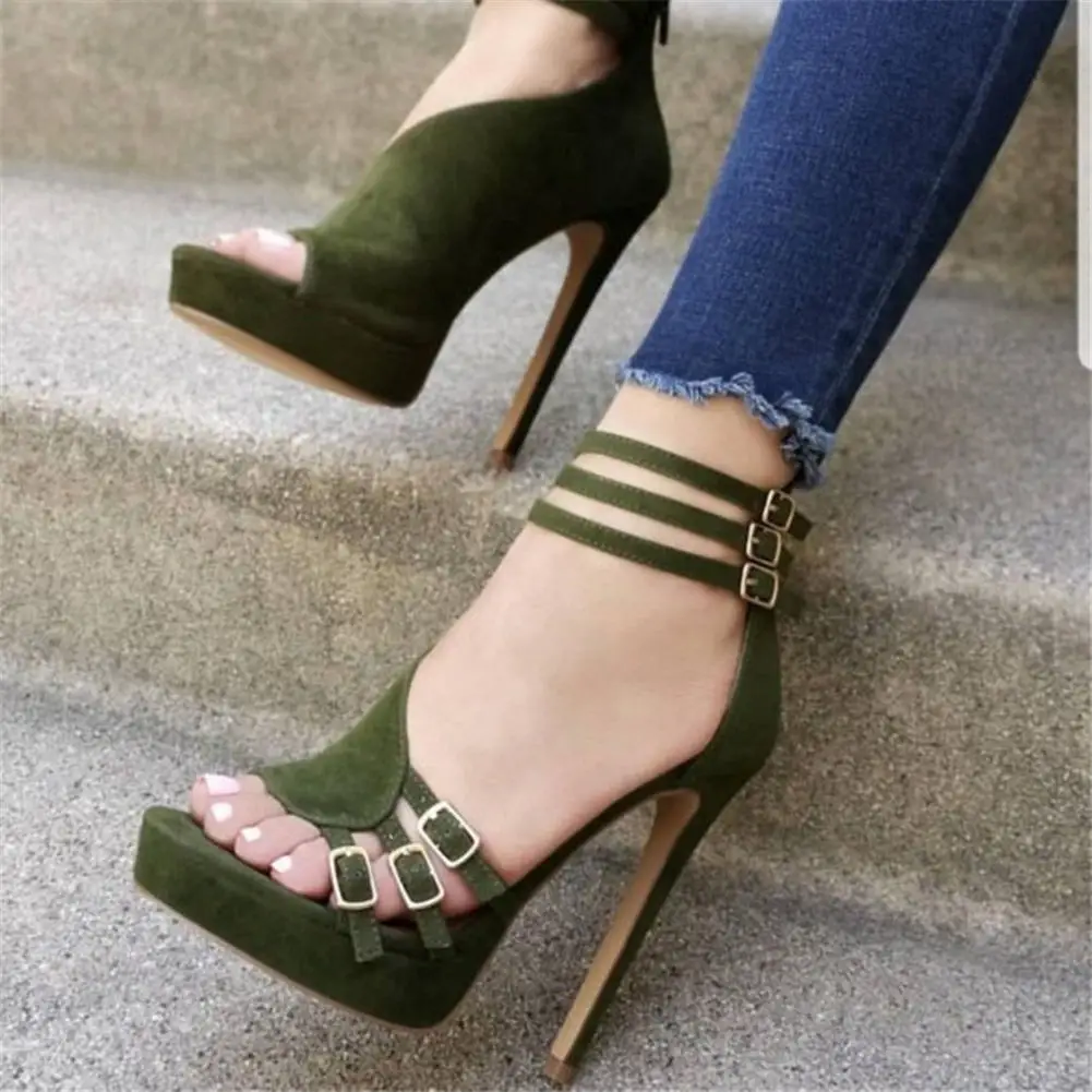 brand design big size 35-47 sexy belt buckles Women Shoes woman flock platform Summer Party super high heels Shoes Woman sandals - Image 2