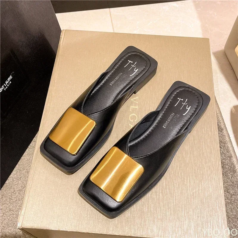 Brand Designer Women Slippers Fashion Metal Buckle Mules Flat Heels Square Toe Shallow Shoes Outdoor Slide Female Casual Sandal - Image 2
