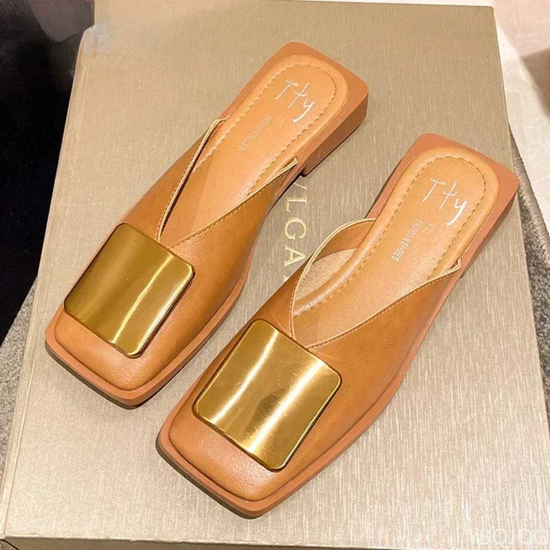 Brand Designer Women Slippers Fashion Metal Buckle Mules Flat Heels Square Toe Shallow Shoes Outdoor Slide Female Casual Sandal - Image 3
