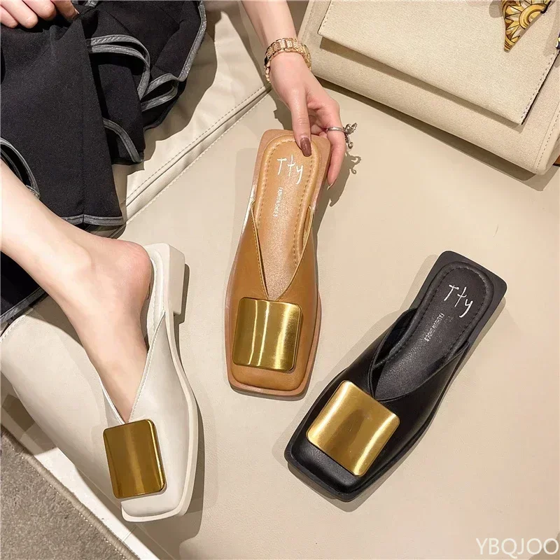 Brand Designer Women Slippers Fashion Metal Buckle Mules Flat Heels Square Toe Shallow Shoes Outdoor Slide Female Casual Sandal - Image 4