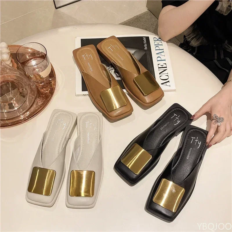 Brand Designer Women Slippers Fashion Metal Buckle Mules Flat Heels Square Toe Shallow Shoes Outdoor Slide Female Casual Sandal - Image 5