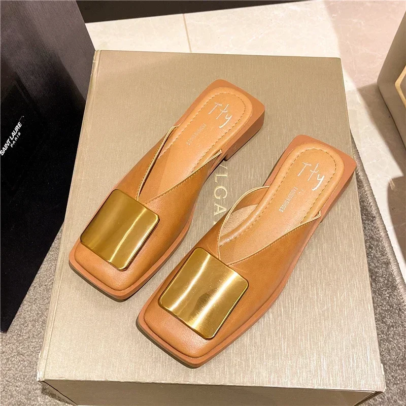 Brand Designer Women Slippers Fashion Metal Buckle Mules Flat Heels Square Toe Shallow Shoes Outdoor Slide Female Casual Sandal - Image 7