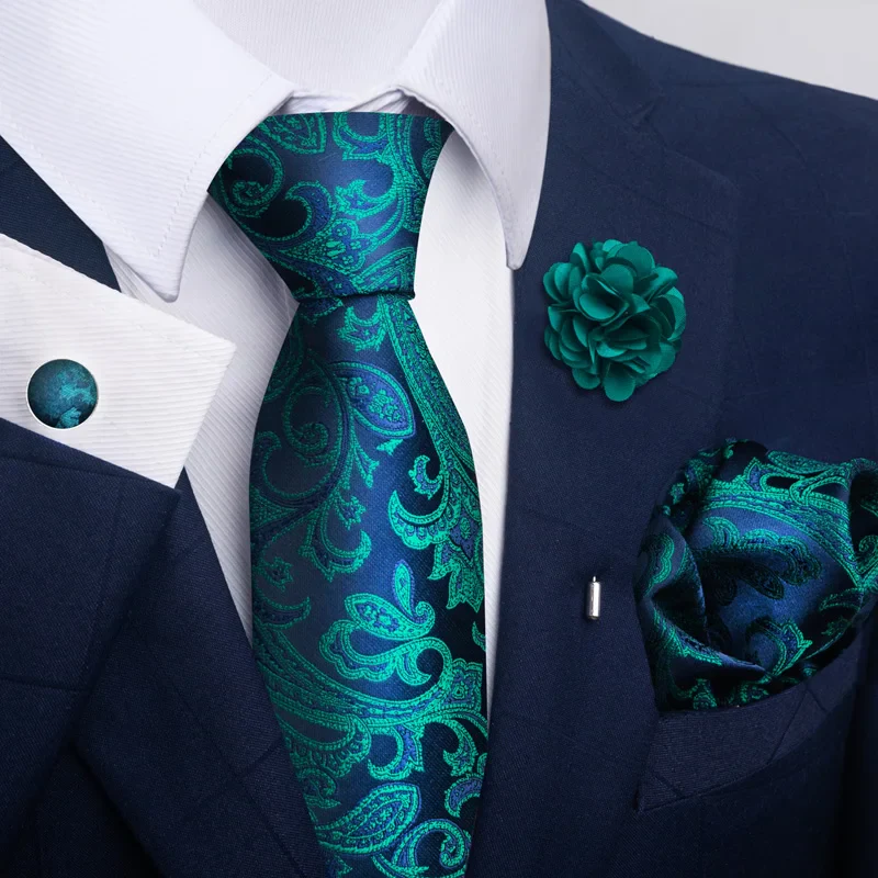 Brand Fashion Luxurious Green Floral Necktie Pocket Square Cufflinks Brooch Set Man Suit Accessories Birthday Present - Image 30
