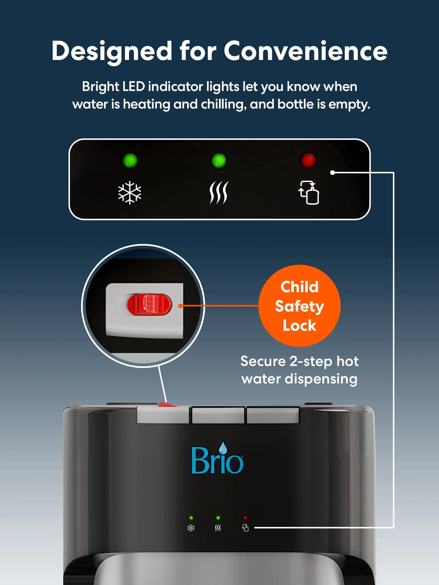 Brio Bottom Loading Water Cooler Dispenser for 5 Gallon Bottles - 3 Temperatures with Hot, Room & Cold Spouts, Child Safety Lock, LED Display with Empty Bottle Alert, Stainless Steel - Image 3